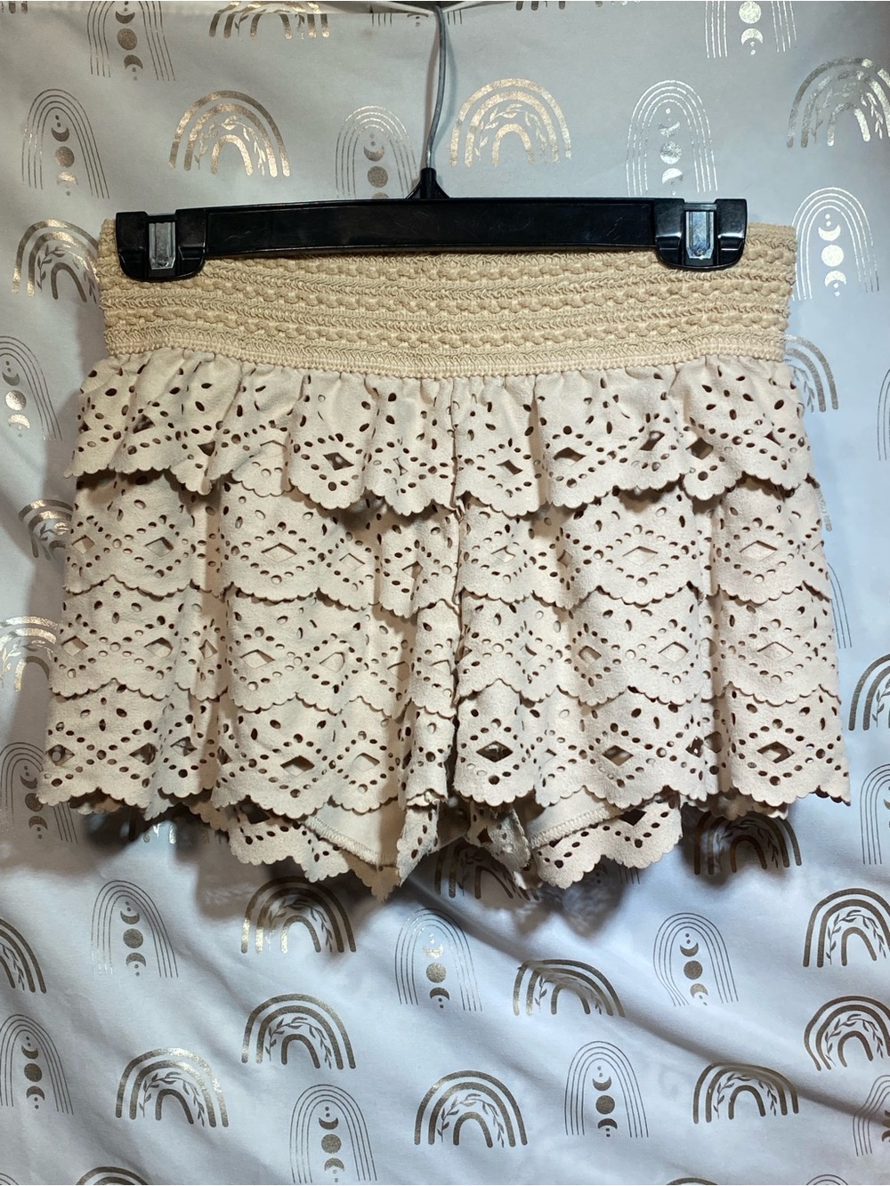 Rewind Cream Eyelet Tiered Shorts with Crochet Waistband
